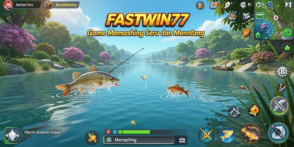 Antarmuka permainan memancing dengan lokasi yang indah dan ikan beragam.