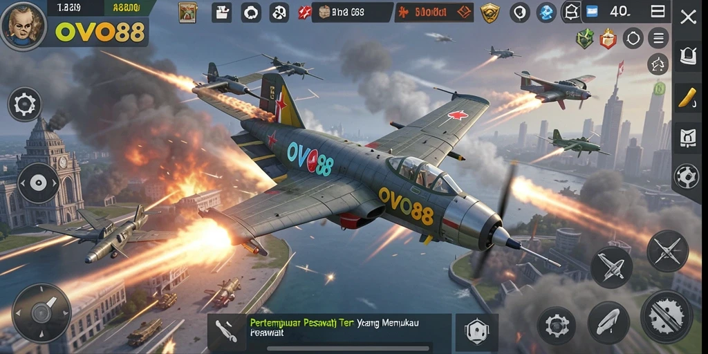 Screenshot OVO88 menunjukkan aksi pertempuran pesawat yang mendebarkan.